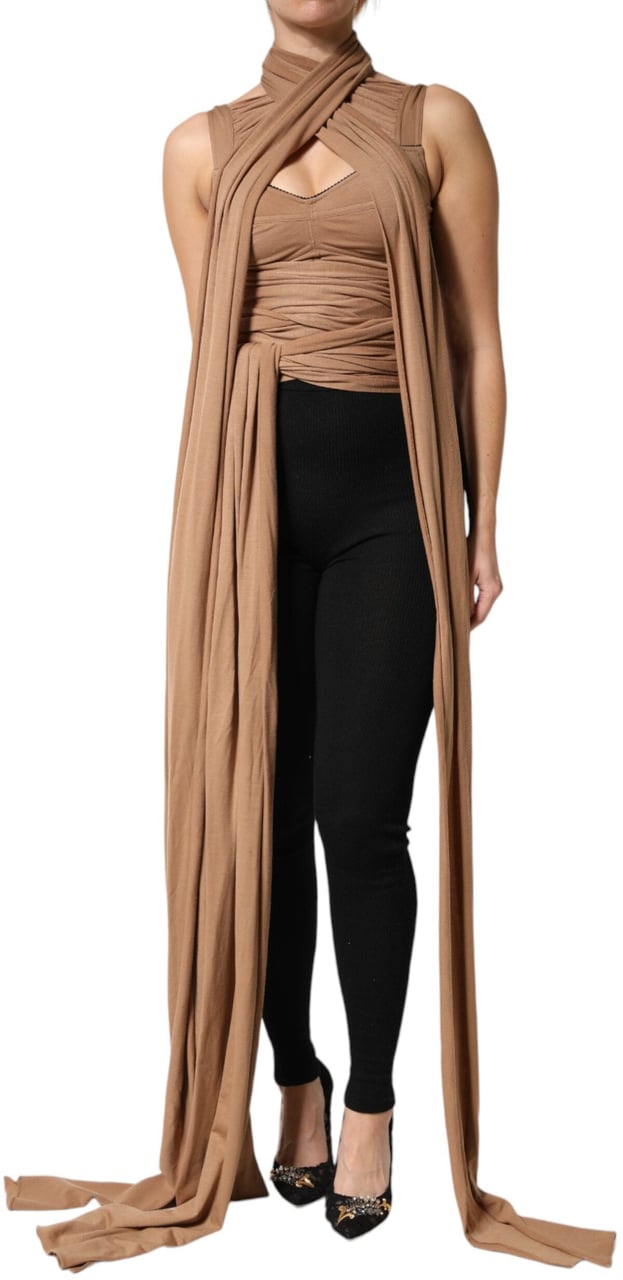 Dolce & Gabbana Brown Virgin Wool Sleeveless Scarf Tank Top Bruin