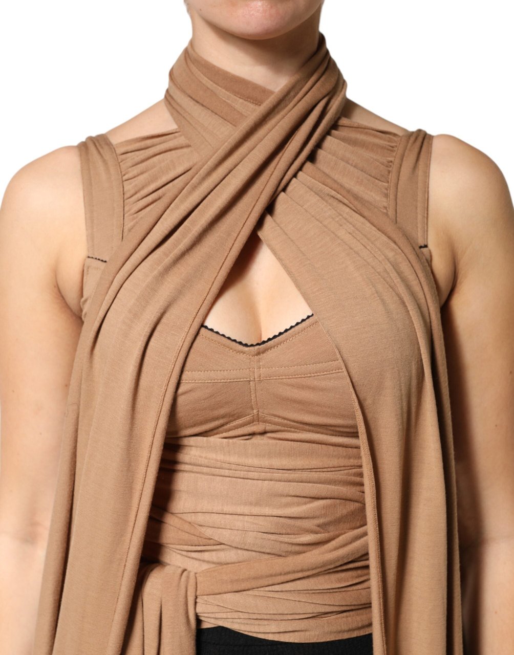 Dolce & Gabbana Brown Virgin Wool Sleeveless Scarf Tank Top Bruin