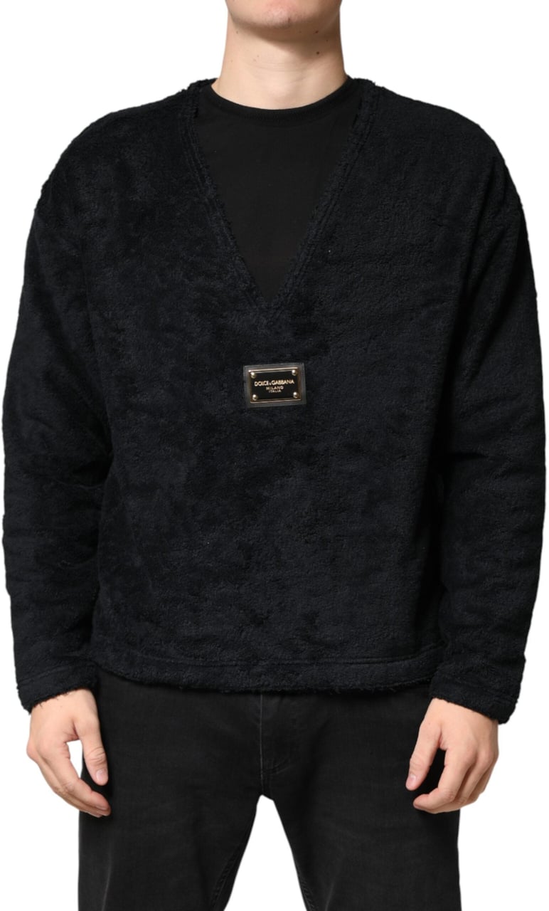 Dolce & Gabbana Black Cotton V-Neck Men Sweatshirt Sweater Zwart