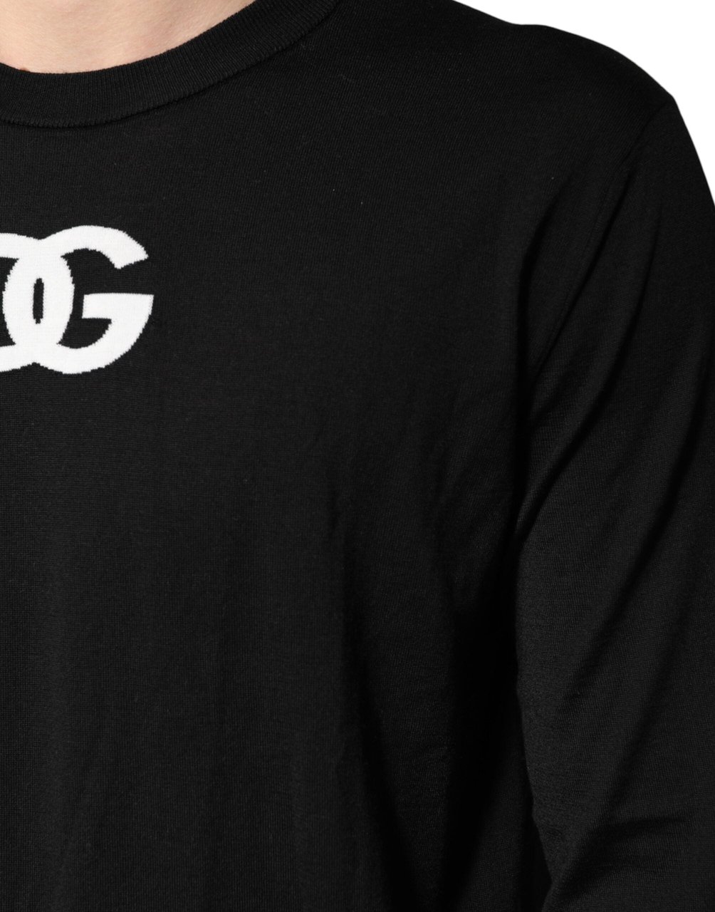 Dolce & Gabbana Black Wool DG Crew Neck Men Pullover Sweater Zwart