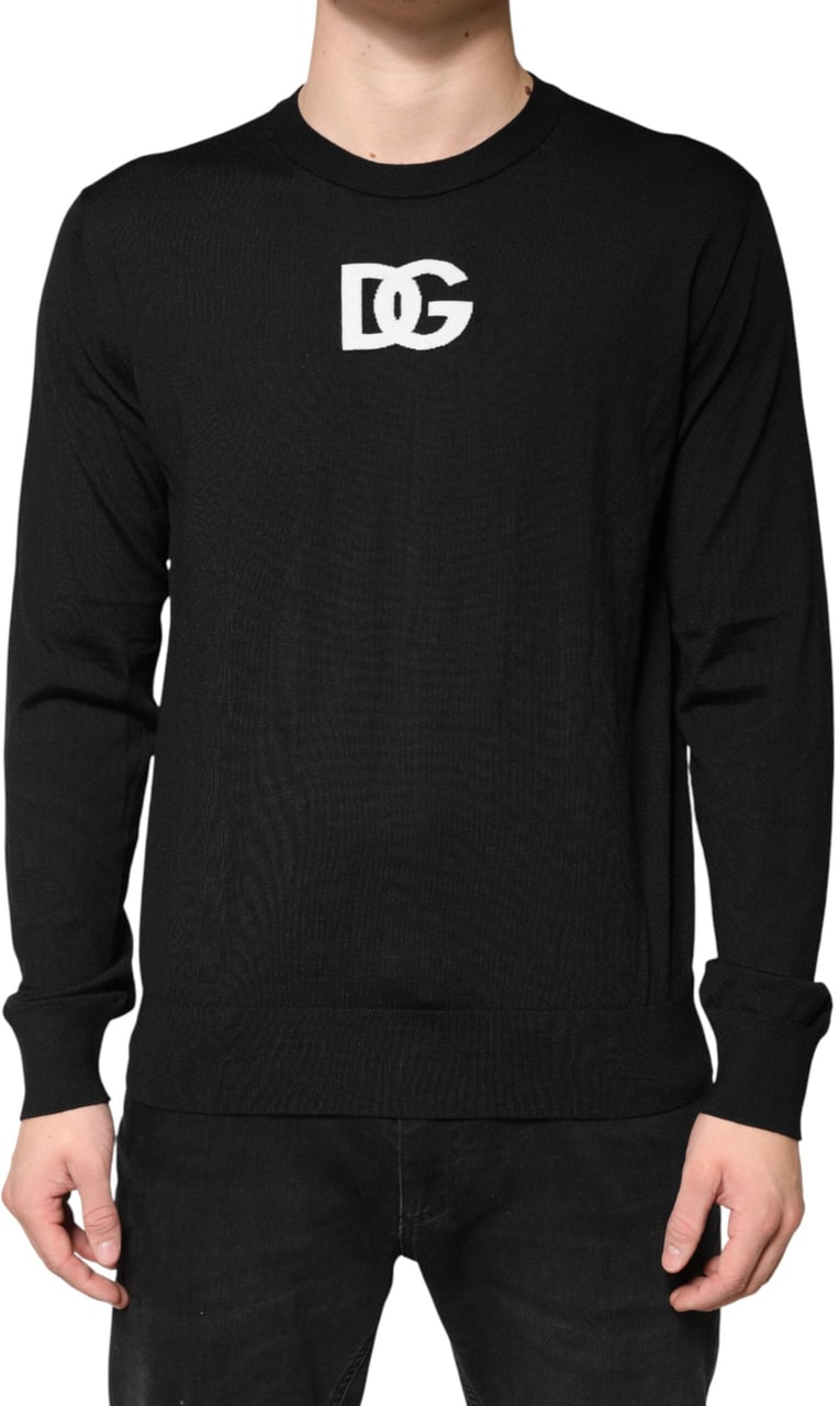 Dolce & Gabbana Black Wool DG Crew Neck Men Pullover Sweater Zwart