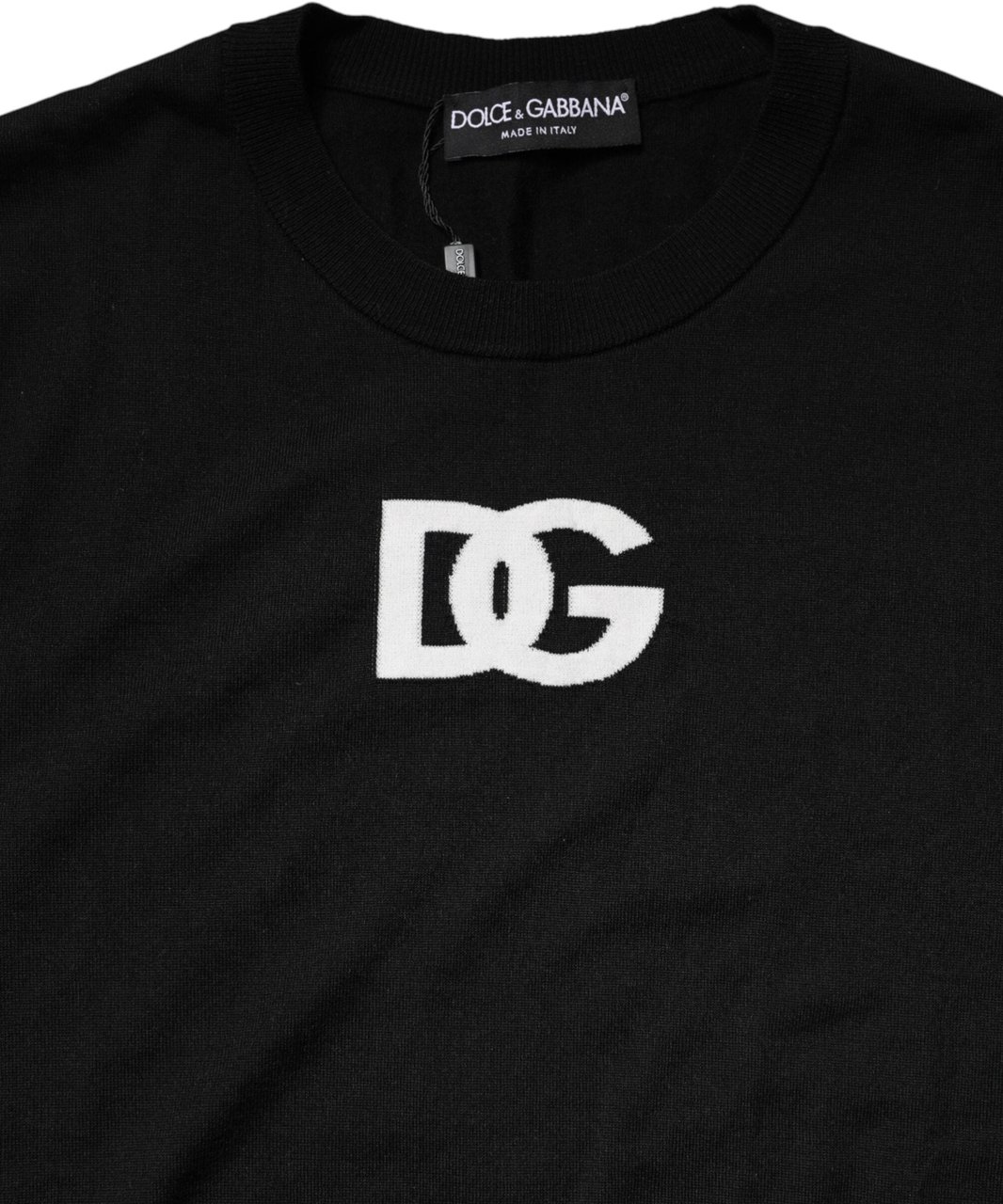 Dolce & Gabbana Black Wool DG Crew Neck Men Pullover Sweater Zwart