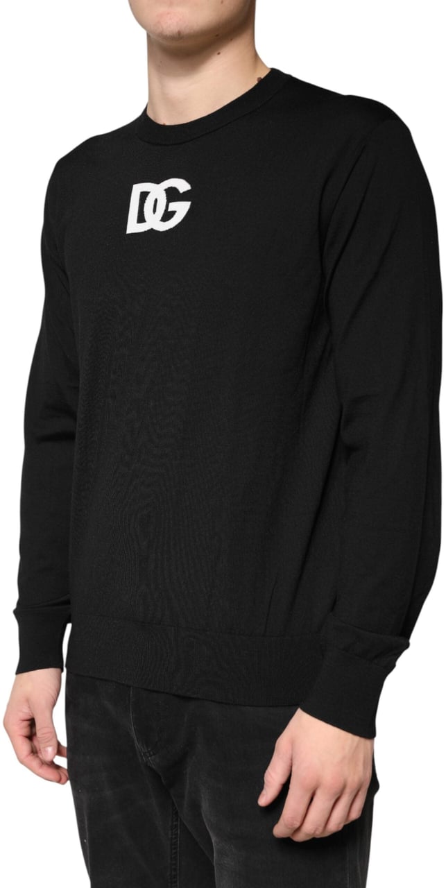 Dolce & Gabbana Black Wool DG Crew Neck Men Pullover Sweater Zwart