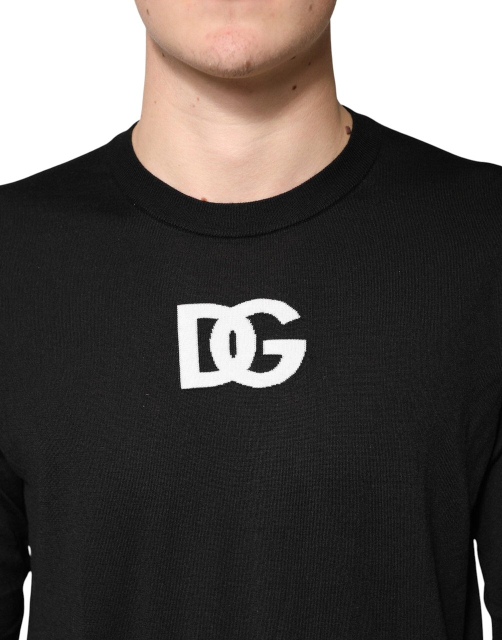 Dolce & Gabbana Black Wool DG Crew Neck Men Pullover Sweater Zwart