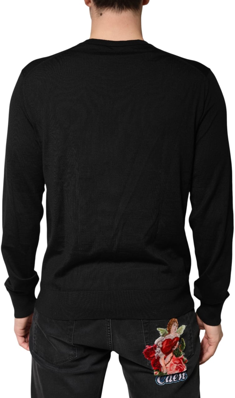 Dolce & Gabbana Black Wool DG Crew Neck Men Pullover Sweater Zwart