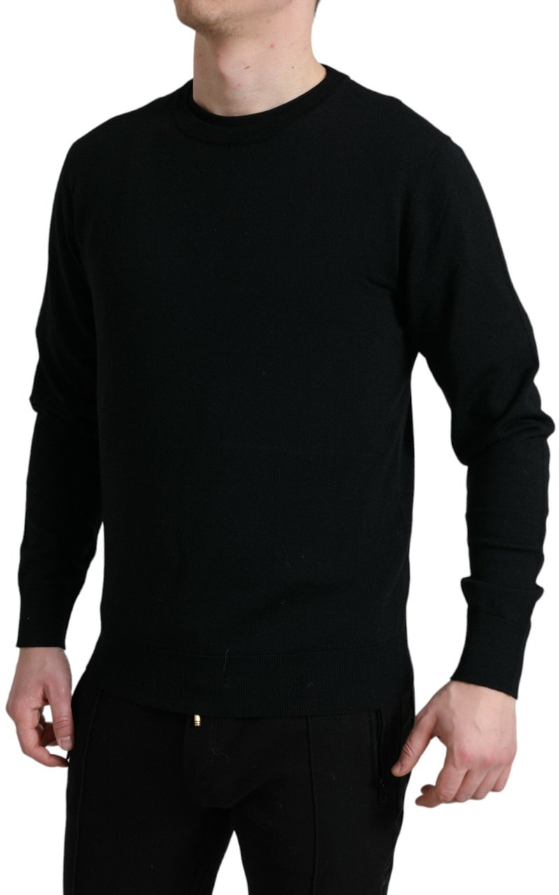 Dolce & Gabbana Black Wool Round Neck Pullover Sweater Zwart