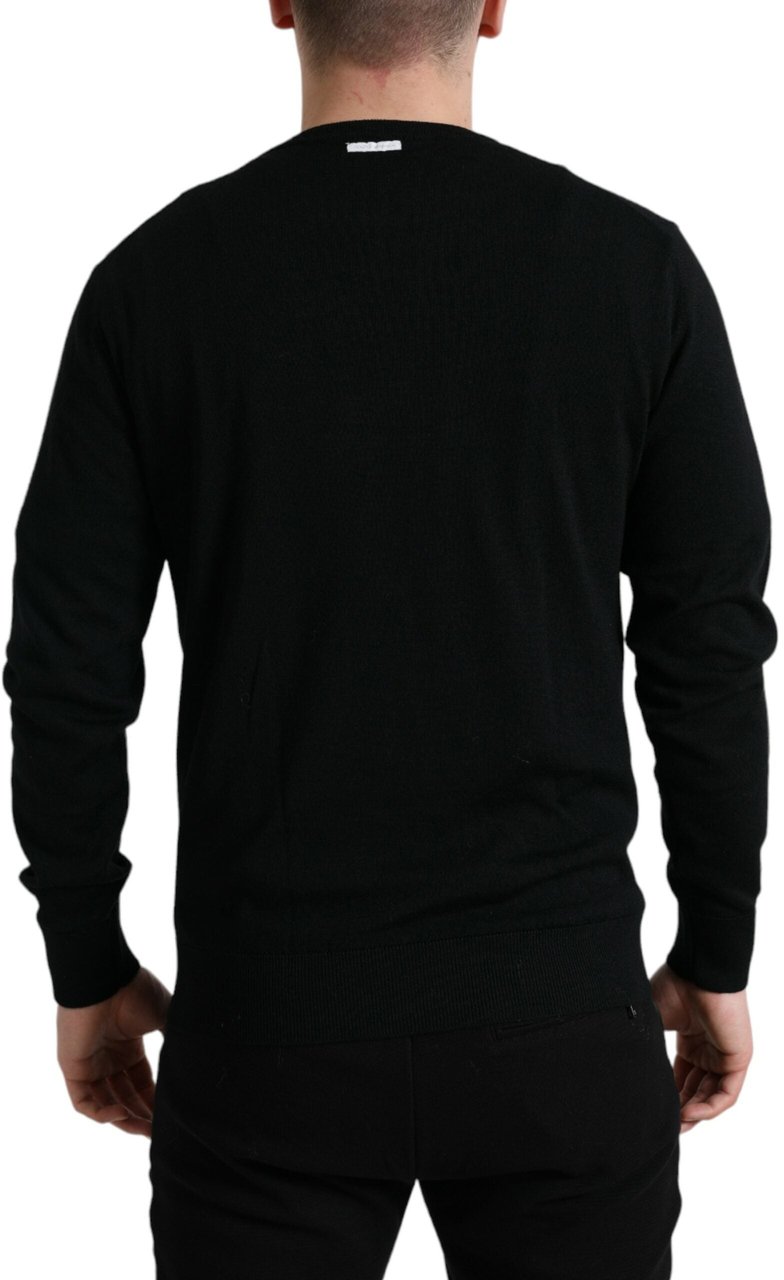 Dolce & Gabbana Black Wool Round Neck Pullover Sweater Zwart