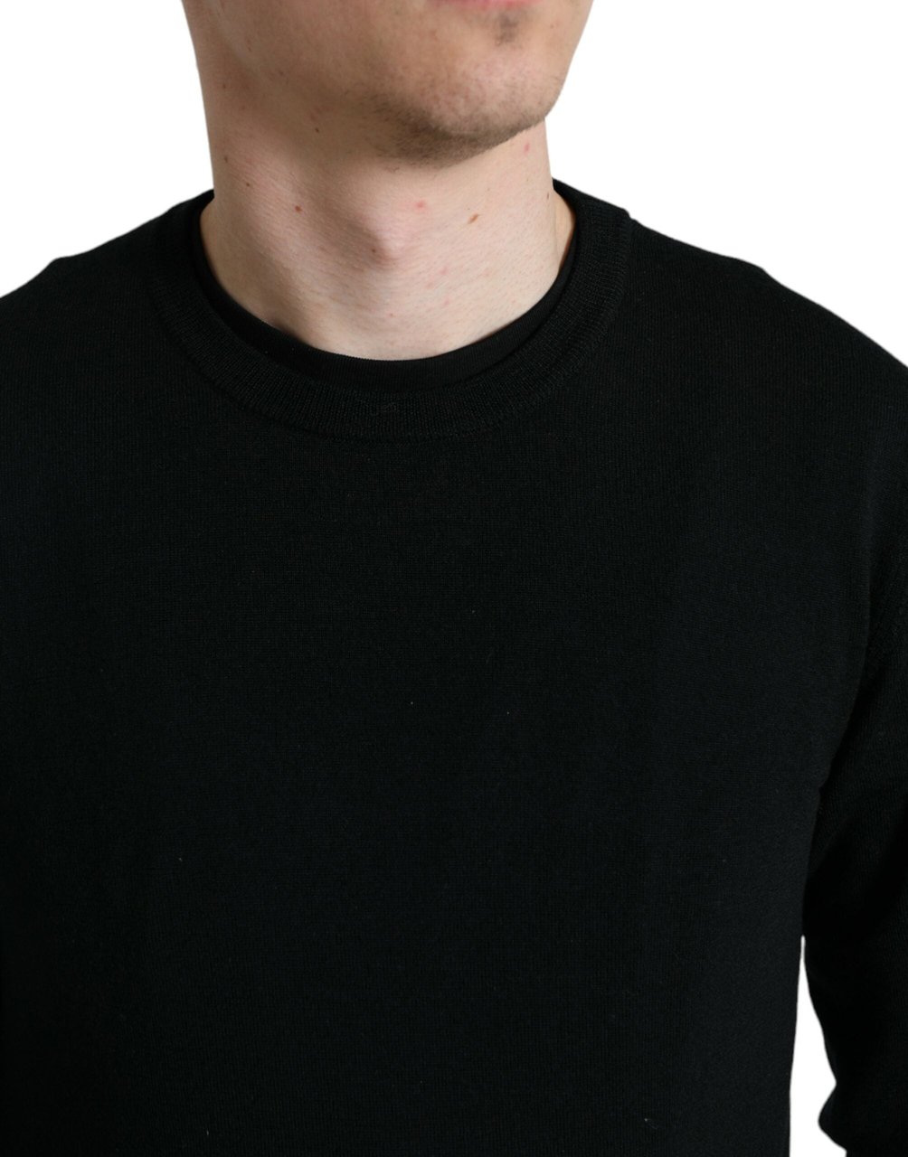 Dolce & Gabbana Black Wool Round Neck Pullover Sweater Zwart