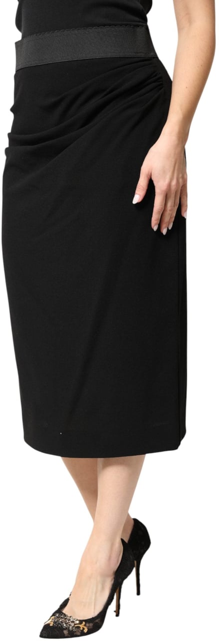 Dolce & Gabbana Black Wool High Waist Pencil Cut Midi Skirt Zwart