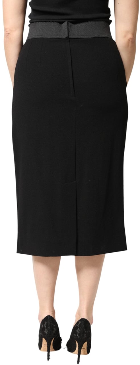 Dolce & Gabbana Black Wool High Waist Pencil Cut Midi Skirt Zwart