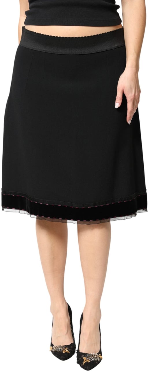 Dolce & Gabbana Black Mid Waist A-line Knee Length Skirt Zwart