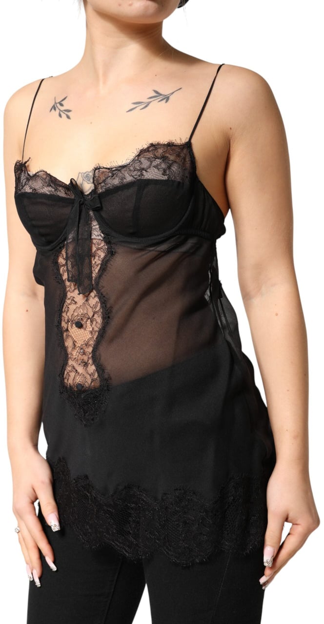 Dolce & Gabbana Black Silk Floral Lace Chemise Lingerie Top Zwart