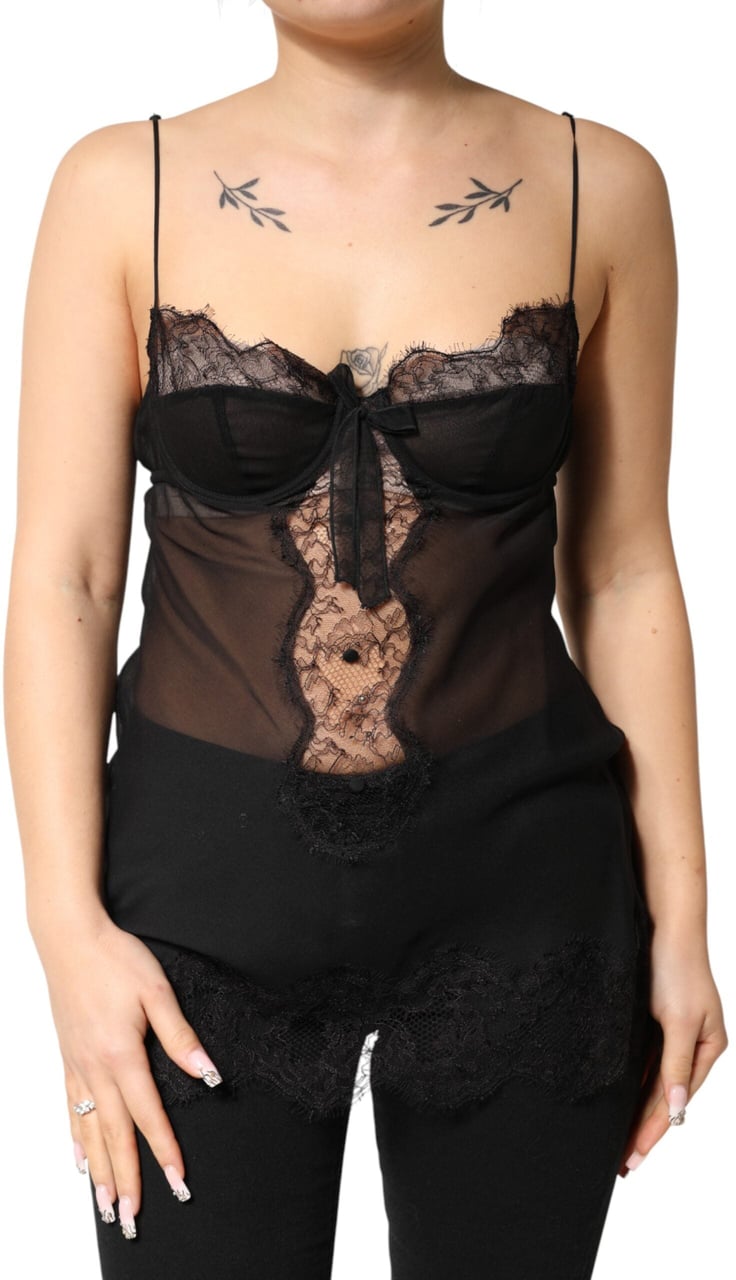 Dolce & Gabbana Black Silk Floral Lace Chemise Lingerie Top Zwart