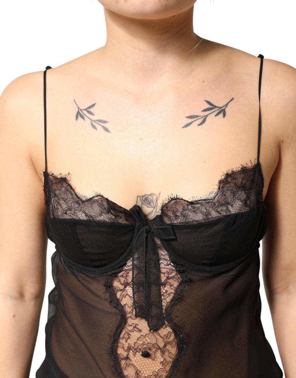 Dolce & Gabbana Black Silk Floral Lace Chemise Lingerie Top Zwart