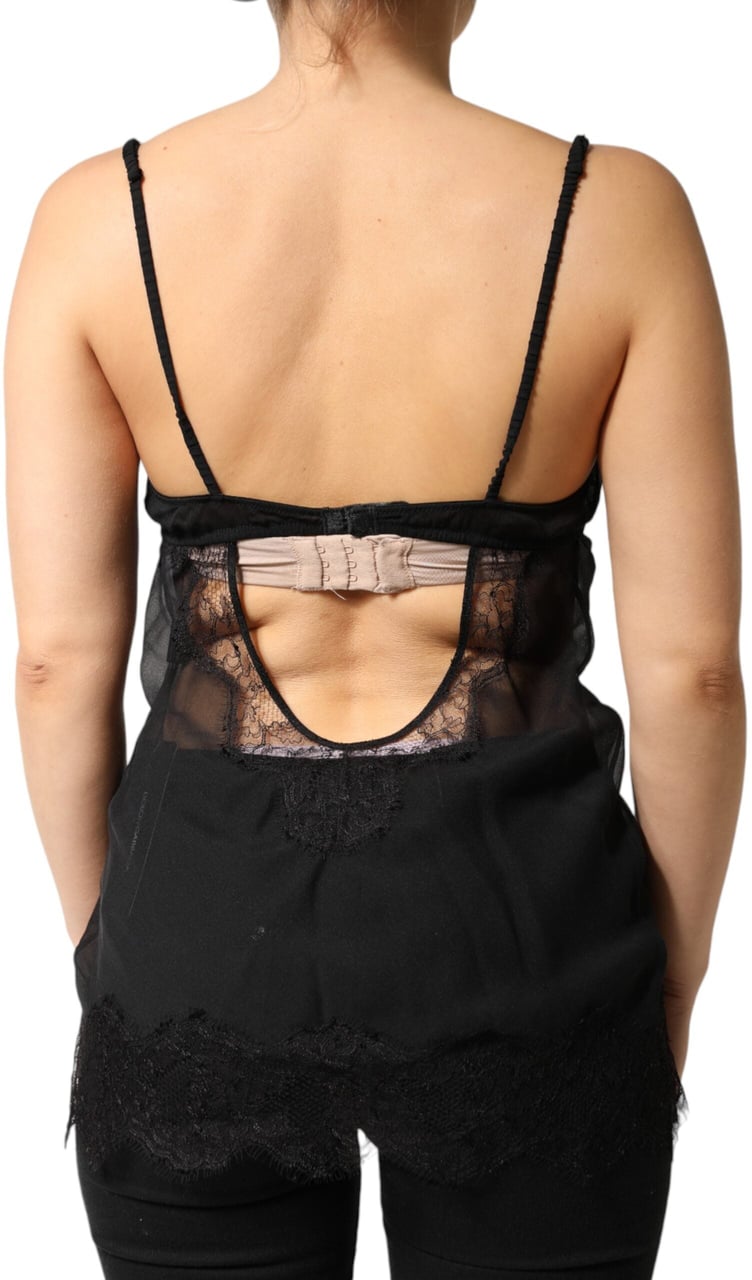 Dolce & Gabbana Black Silk Floral Lace Chemise Lingerie Top Zwart