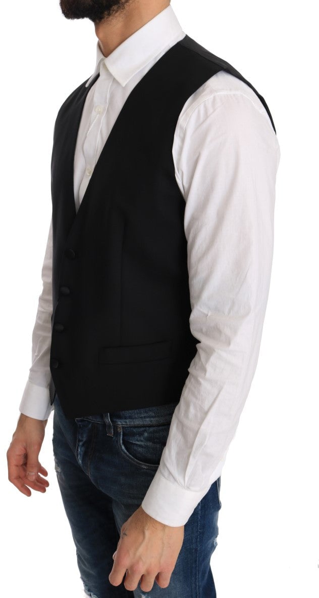 Dolce & Gabbana Black Wool Silk Vest Zwart