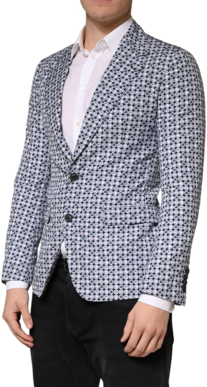 Dolce & Gabbana Blue Cotton Patterned Single Breasted Blazer Blauw