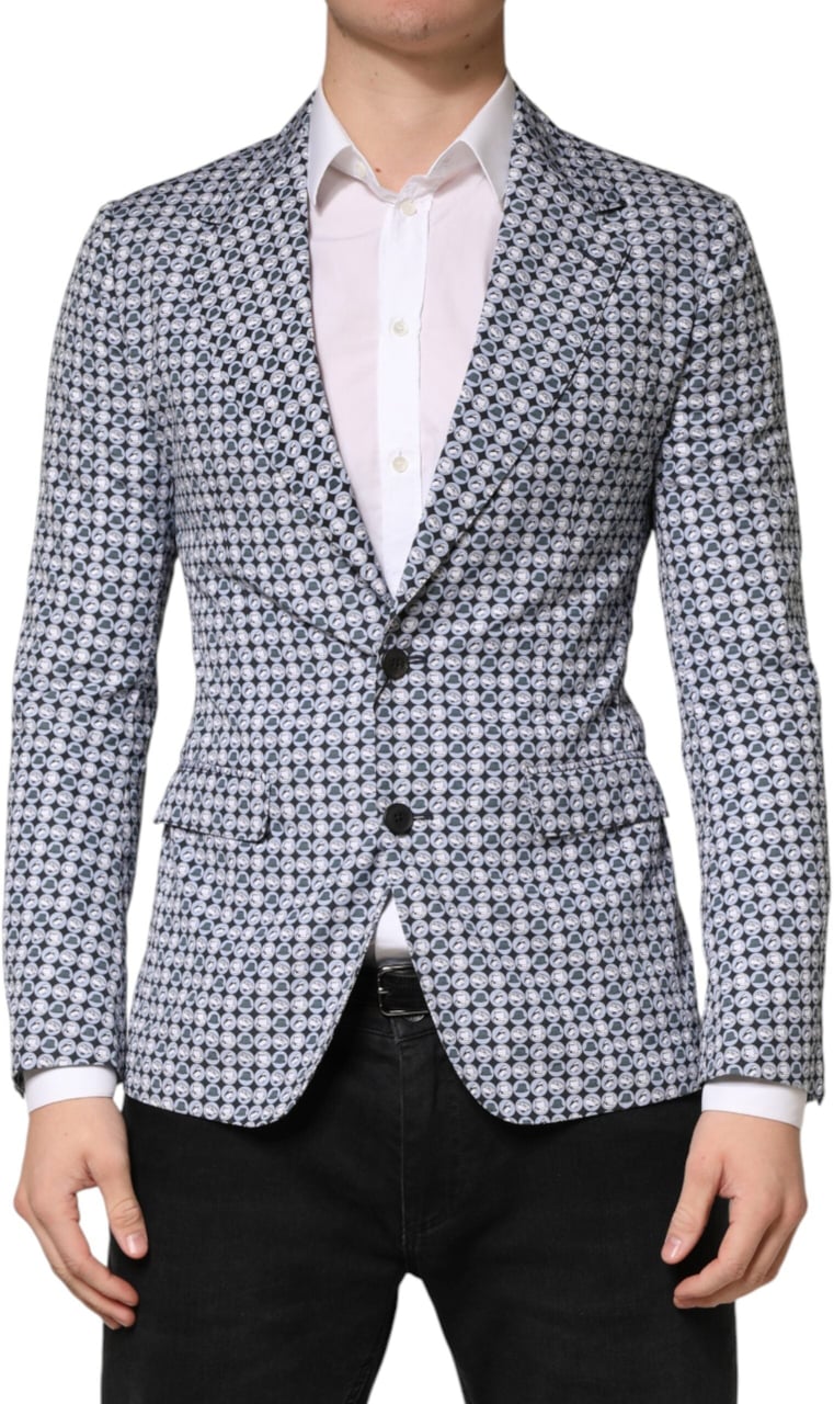 Dolce & Gabbana Blue Cotton Patterned Single Breasted Blazer Blauw