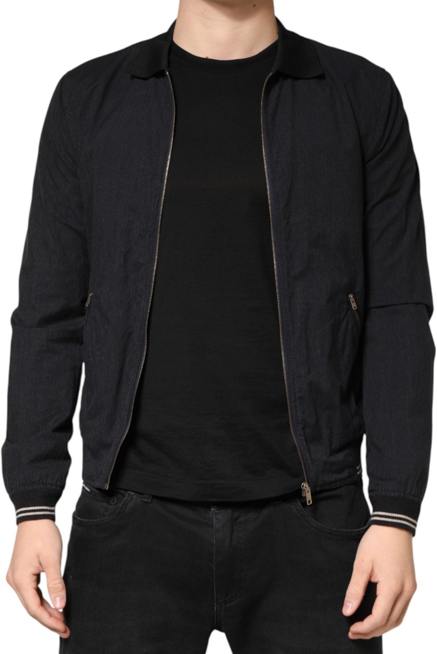 Dolce & Gabbana Dark Blue Cotton Full Zip Bomber Men Jacket Blauw