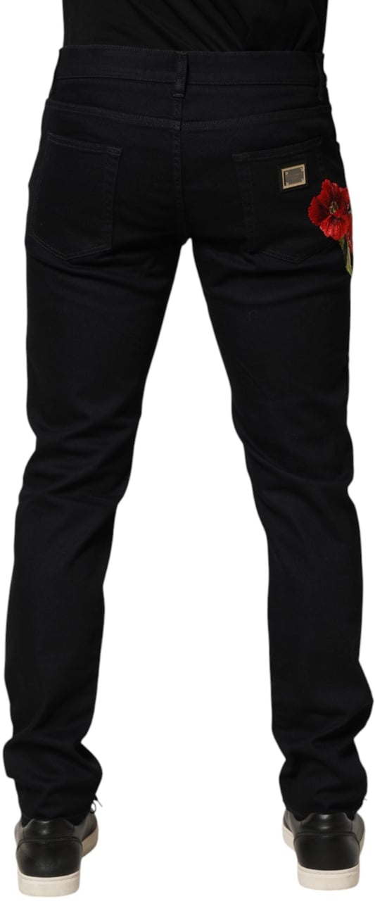 Dolce & Gabbana Black Floral Cotton Skinny Men Denim Jeans Zwart