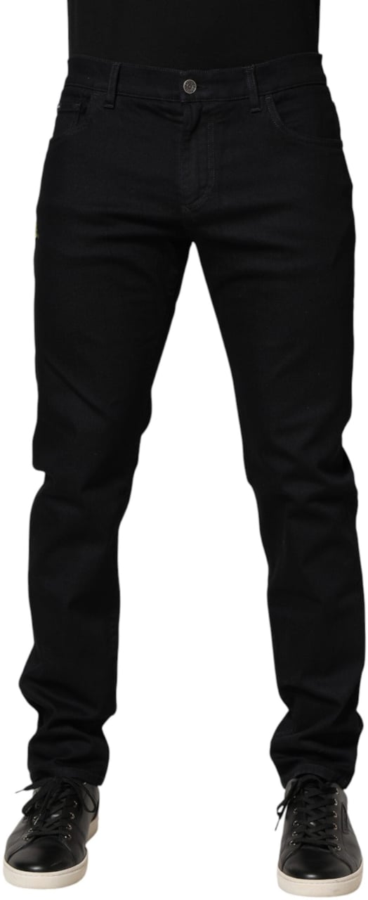 Dolce & Gabbana Black Floral Cotton Skinny Men Denim Jeans Zwart