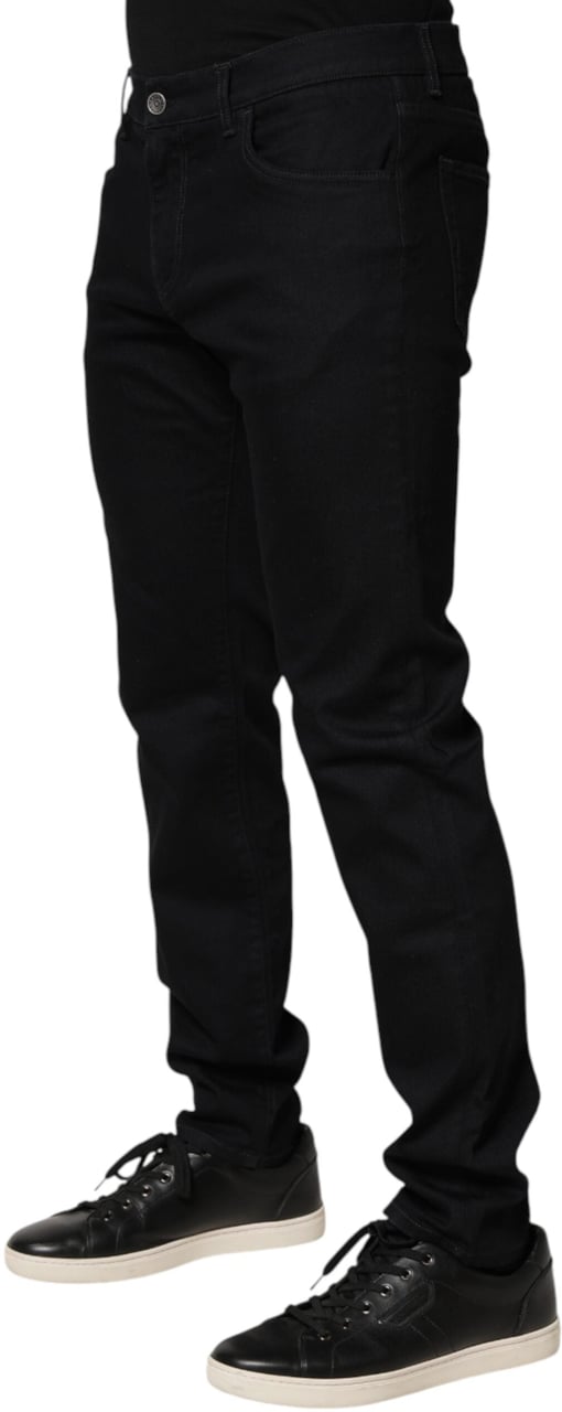 Dolce & Gabbana Black Floral Cotton Skinny Men Denim Jeans Zwart