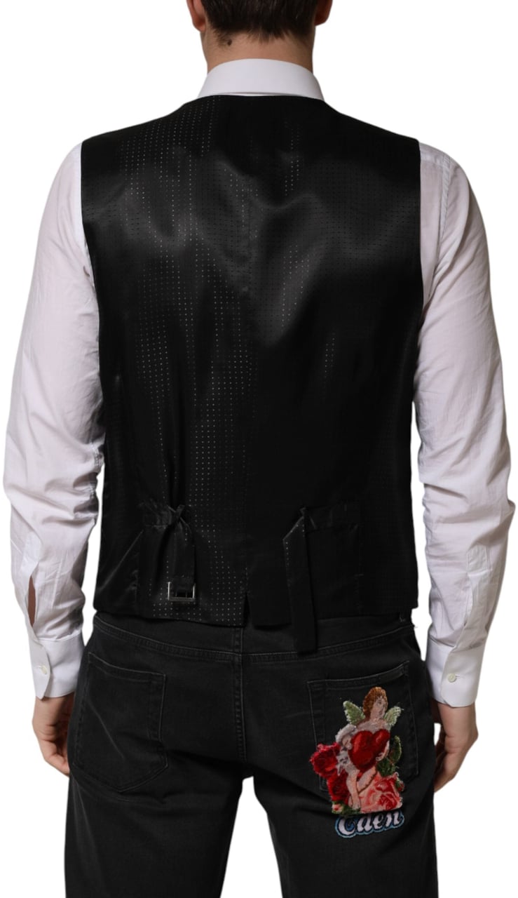 Dolce & Gabbana Black Wool Dress Men Formal Waistcoat Vest Zwart