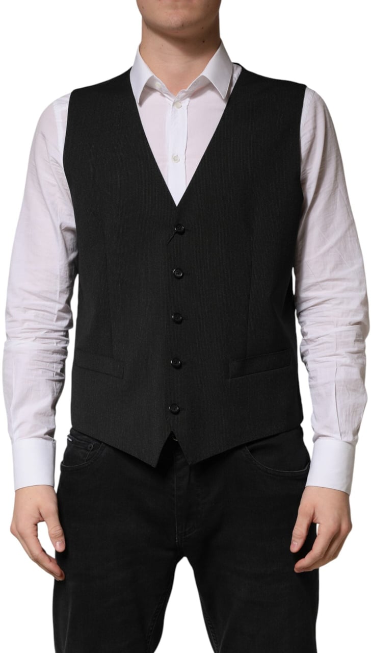 Dolce & Gabbana Black Wool Dress Men Formal Waistcoat Vest Zwart