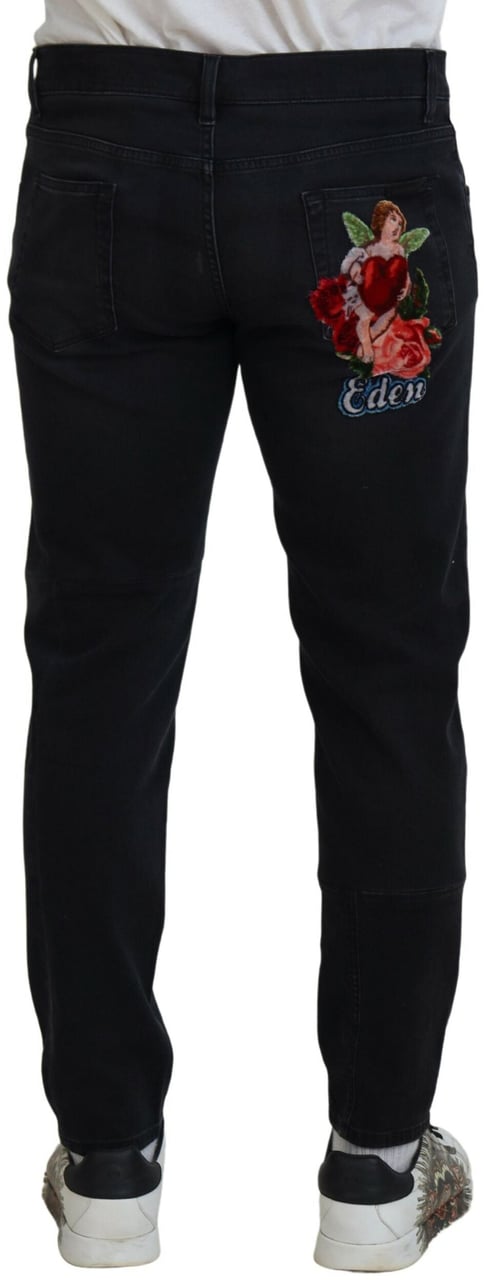 Dolce & Gabbana Black Angel Embroidery Skinny Denim Jeans Zwart