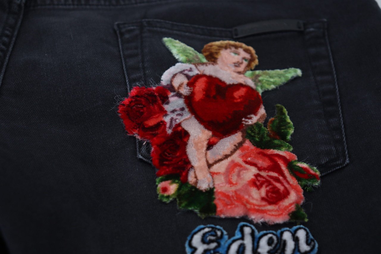 Dolce & Gabbana Black Angel Embroidery Skinny Denim Jeans Zwart
