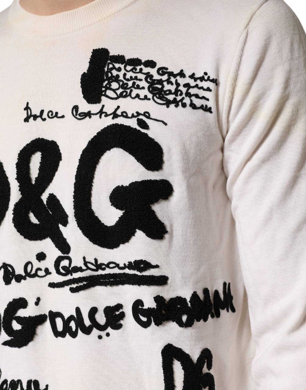 Dolce & Gabbana White Virgin Wool Graphic Logo Crewneck Sweater Wit