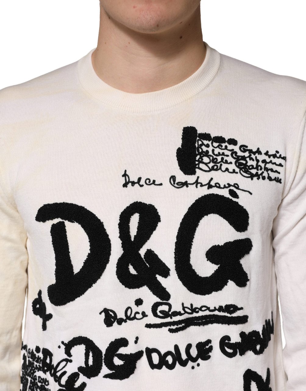 Dolce & Gabbana White Virgin Wool Graphic Logo Crewneck Sweater Wit