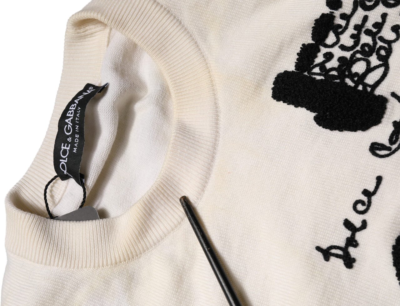 Dolce & Gabbana White Virgin Wool Graphic Logo Crewneck Sweater Wit