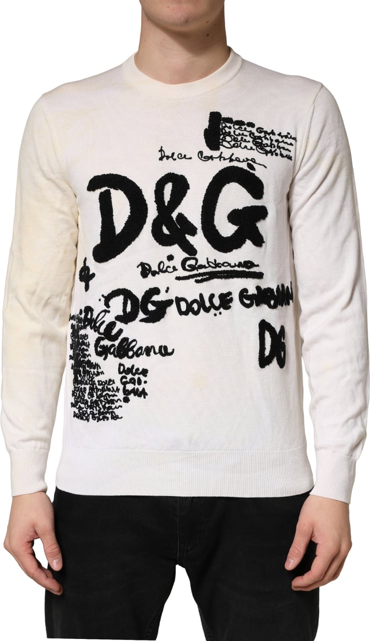 Dolce & Gabbana White Virgin Wool Graphic Logo Crewneck Sweater Wit