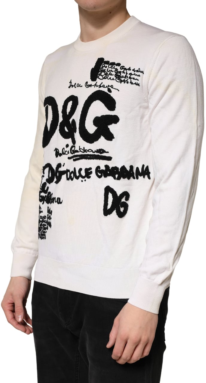 Dolce & Gabbana White Virgin Wool Graphic Logo Crewneck Sweater Wit