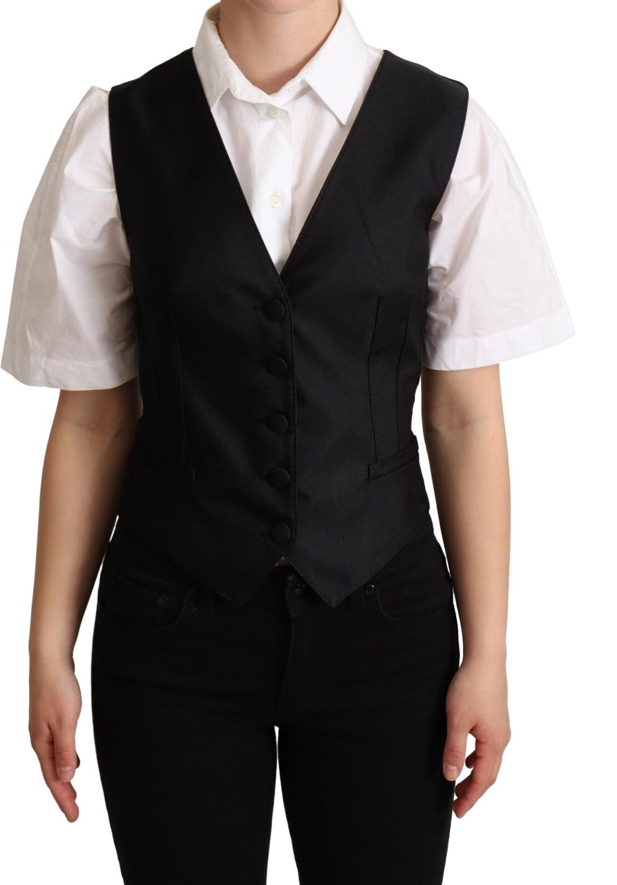 Dolce & Gabbana Solid Black Silk Sleeveless Waistcoat Vest Top Zwart