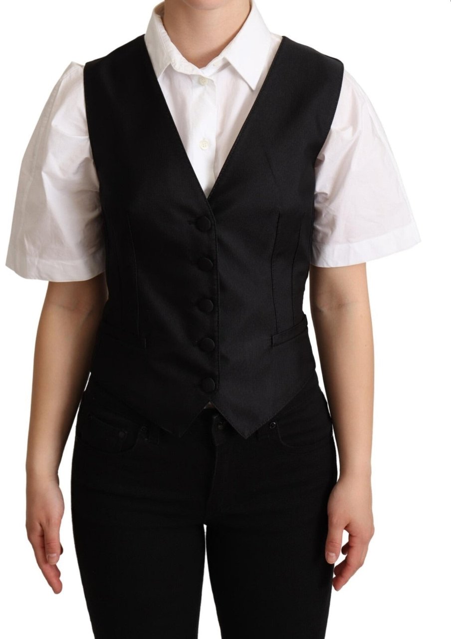 Dolce & Gabbana Solid Black Silk Sleeveless Waistcoat Vest Top Zwart