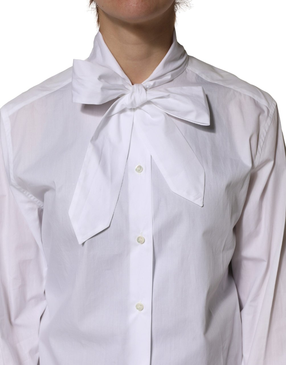 Dolce & Gabbana White Cotton Bow Tie Long Sleeves Blouse Top Wit