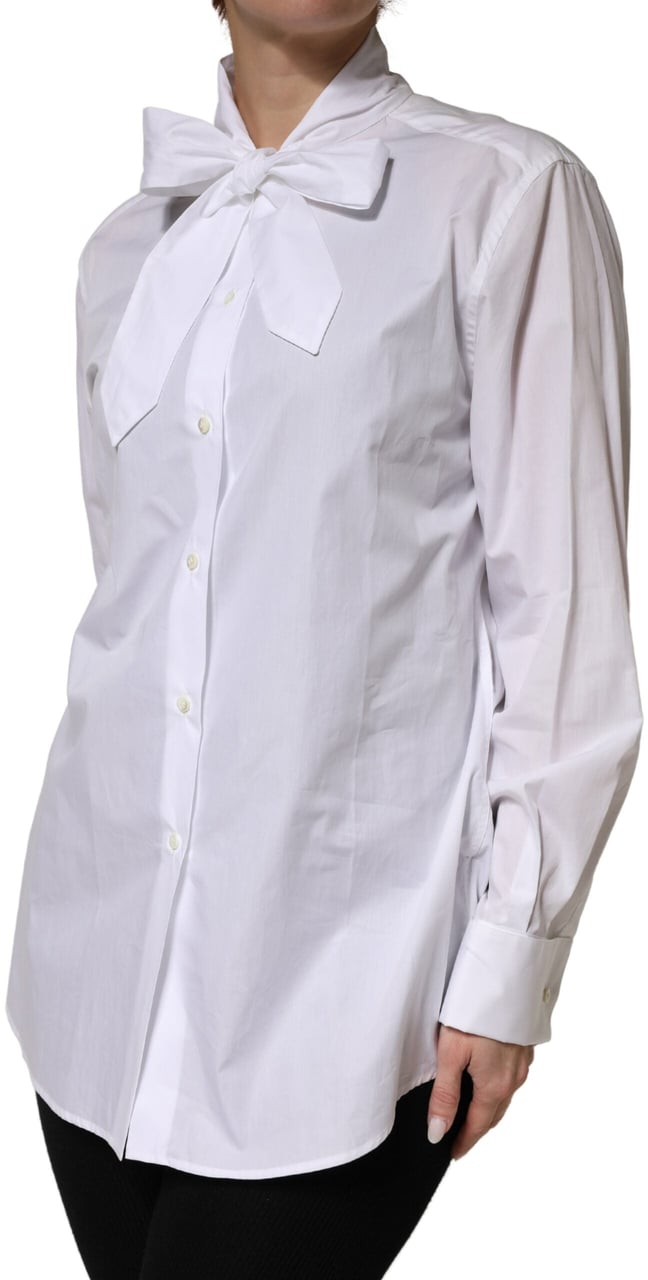 Dolce & Gabbana White Cotton Bow Tie Long Sleeves Blouse Top Wit