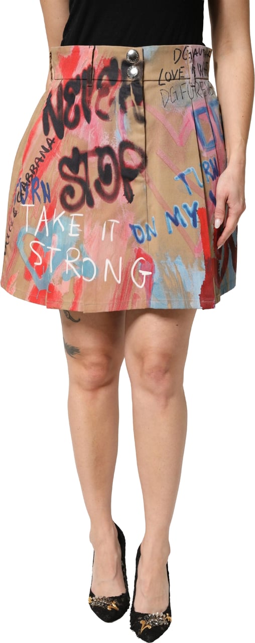 Dolce & Gabbana Beige Graffiti Print Cotton Blend Mini Skirt Beige