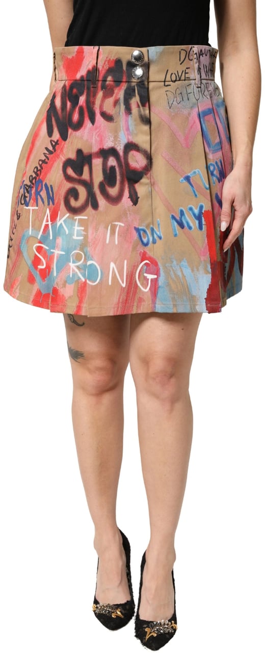 Dolce & Gabbana Beige Graffiti Print Cotton Blend Mini Skirt Beige