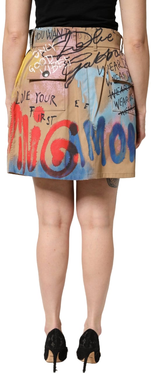 Dolce & Gabbana Beige Graffiti Print Cotton Blend Mini Skirt Beige