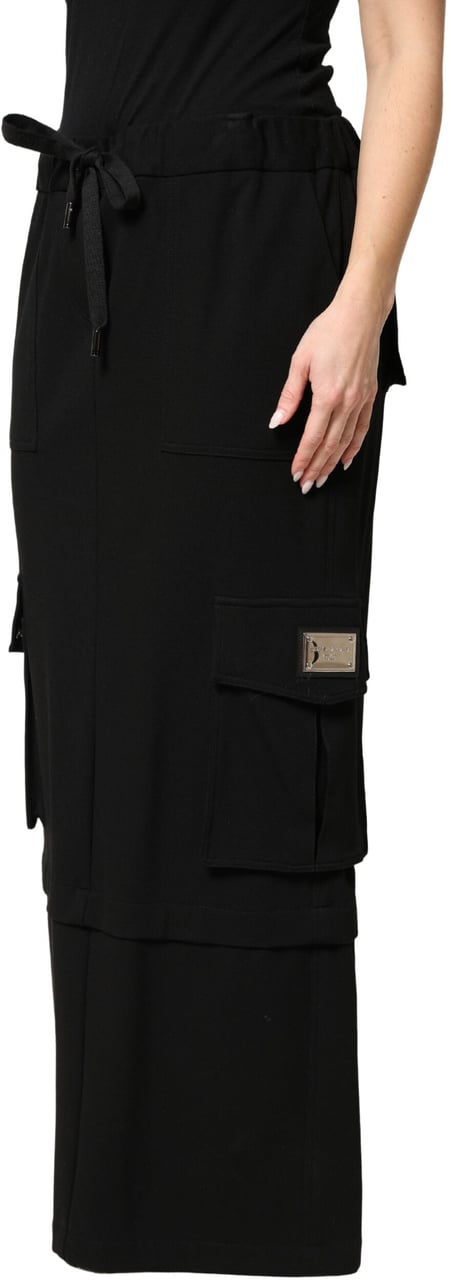 Dolce & Gabbana Black Cotton Drawstring Long Maxi Cargo Skirt Zwart