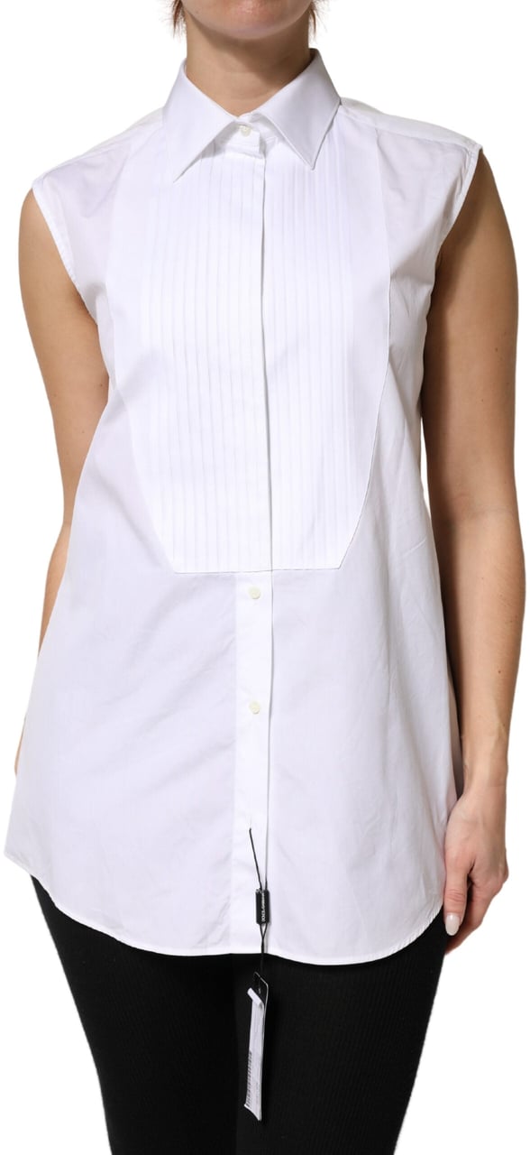Dolce & Gabbana White Cotton Pleated Sleeveless Button Down Top Wit