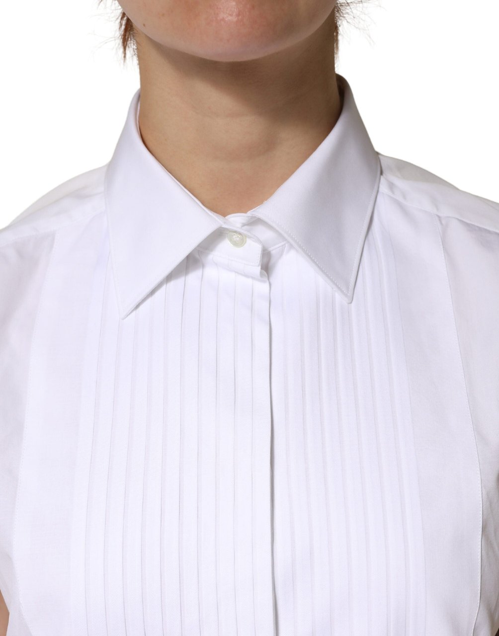 Dolce & Gabbana White Cotton Pleated Sleeveless Button Down Top Wit
