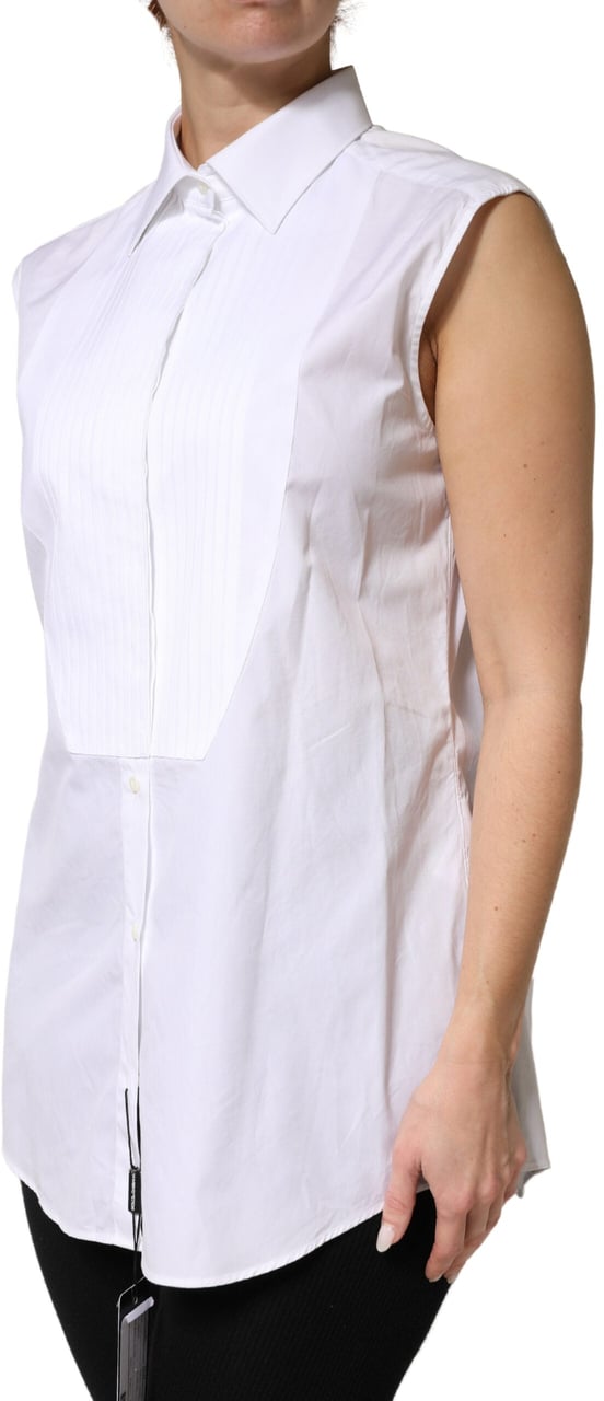 Dolce & Gabbana White Cotton Pleated Sleeveless Button Down Top Wit