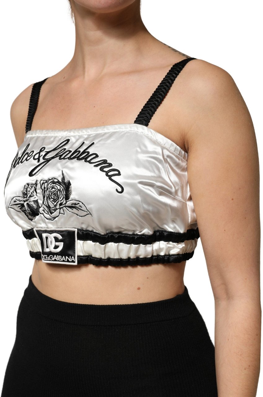 Dolce & Gabbana White Silk Satin Crop Black Logo Bralette Top Zwart
