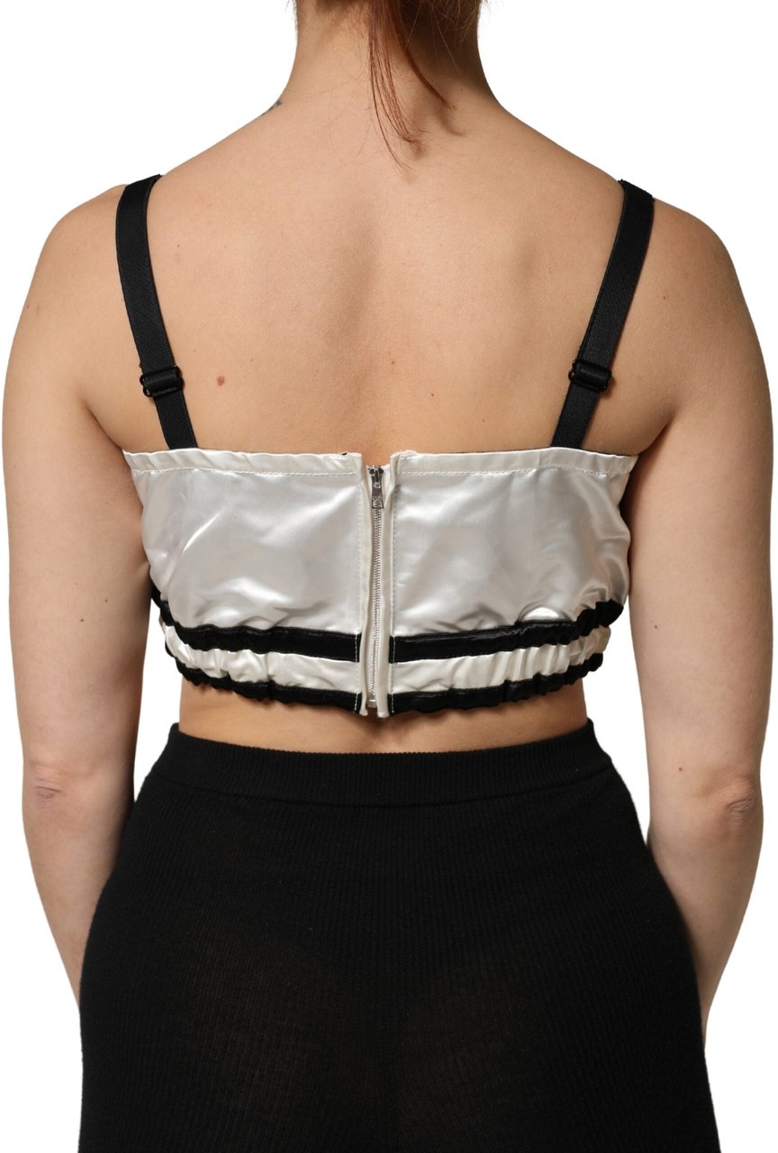 Dolce & Gabbana White Silk Satin Crop Black Logo Bralette Top Zwart