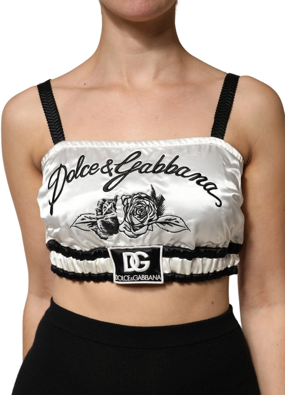 Dolce & Gabbana White Silk Satin Crop Black Logo Bralette Top Zwart