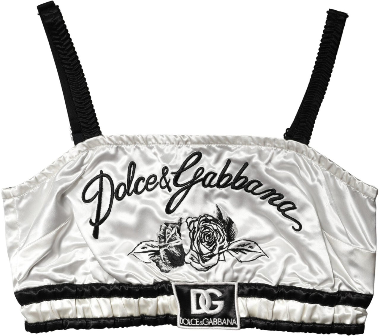 Dolce & Gabbana White Silk Satin Crop Black Logo Bralette Top Zwart
